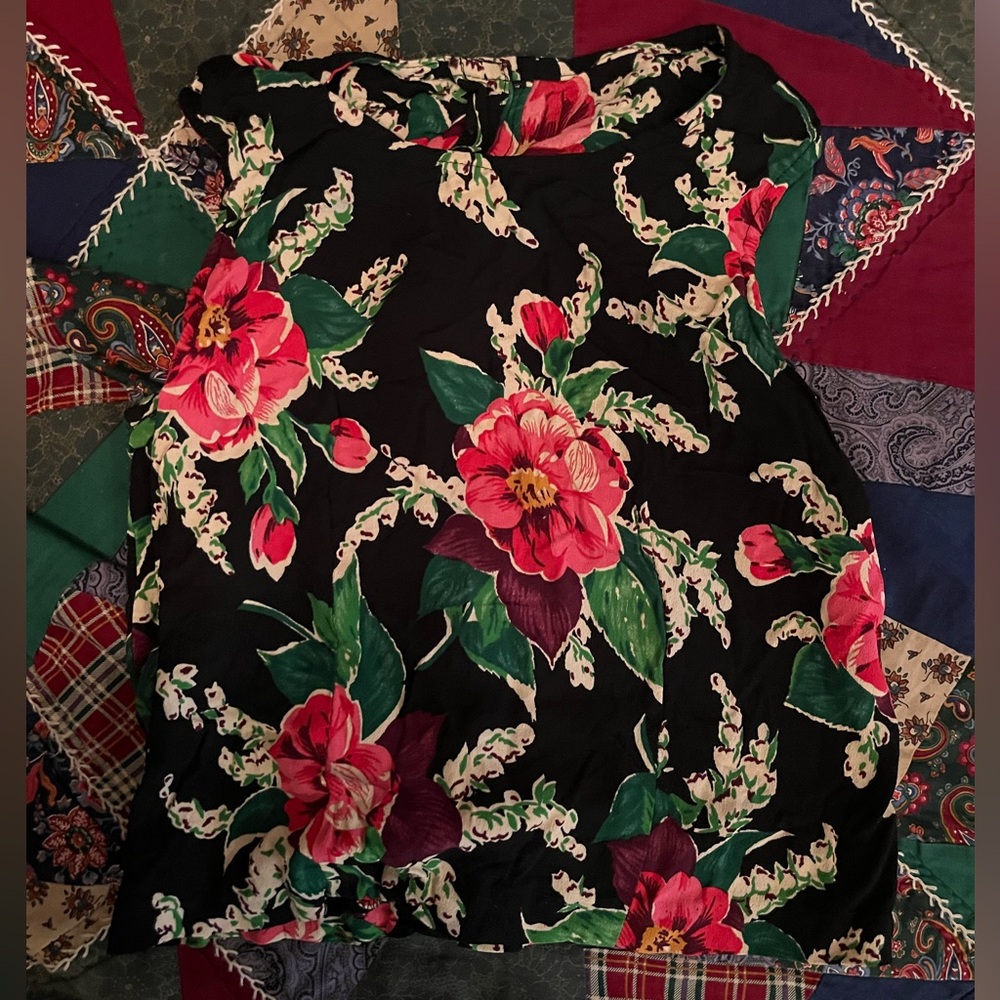 Floral Black Top with Red and Green Accents